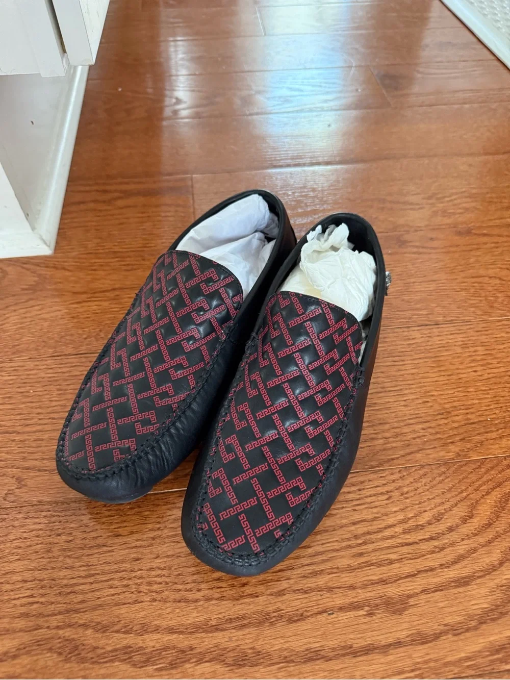 Versace Black Leather Loafers with Red Patterned Vamp